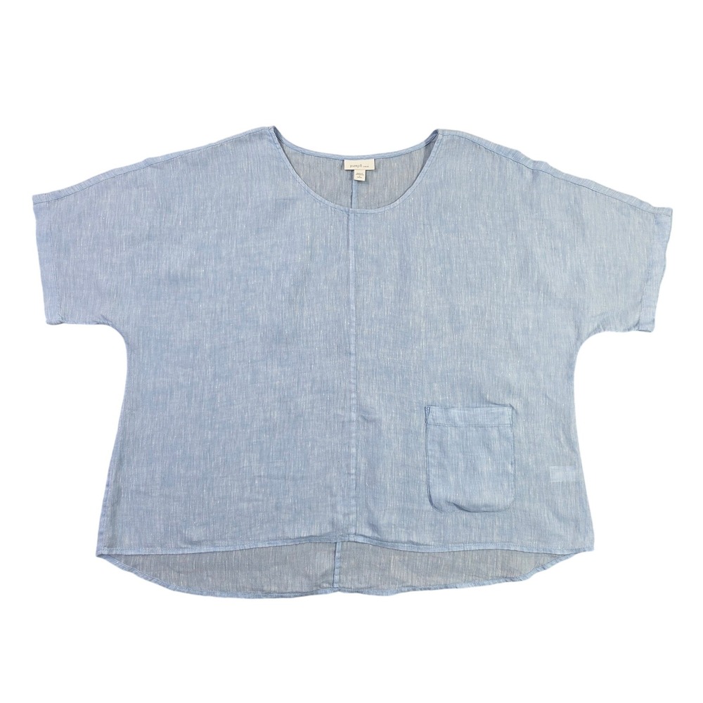 Pure Jill J Jill Women Large Petite Blue 100% Linen Boxy Pocket Top WTP267822
